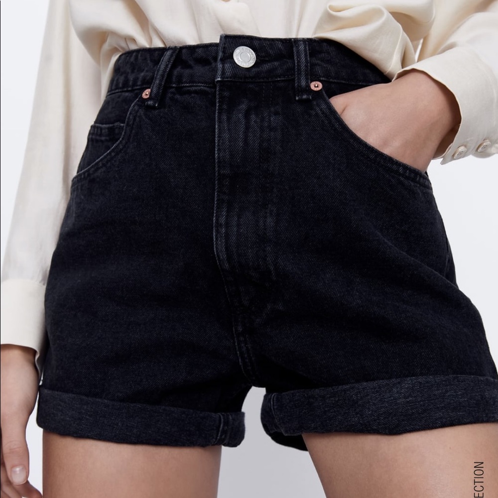 NWT Zara high waisted black jean shorts mom fit 4